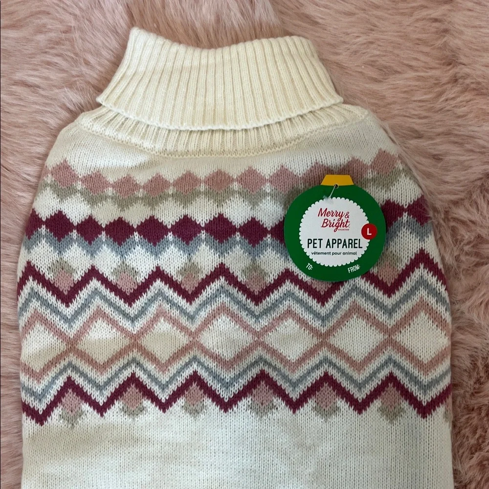 Dog Turtleneck Sweater & Matching Scarf. Cream and Pink by Merry & Bright NWT